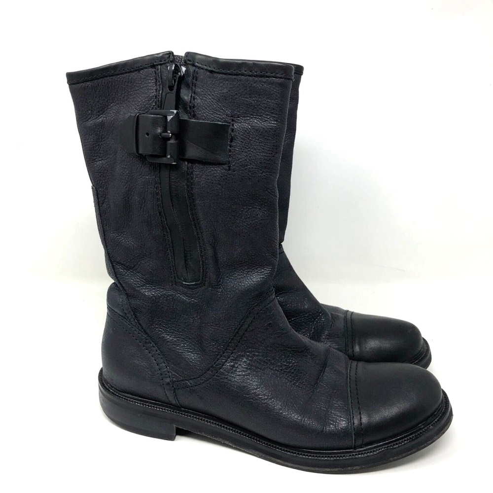Aquatalia Biker Boots Womens 7 Black Mid Calf Side Zip Buckle Goth Grunge Witchy
